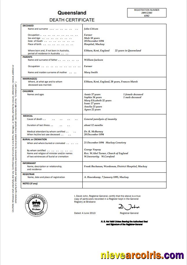 Australia Queensland death certificate